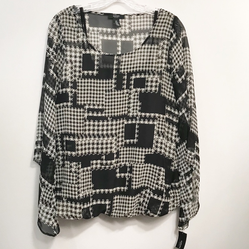 Alfani Womens Chiffon Angel Sleeve Houndstooth Blouse Black White‎ Size 0X Sheer
